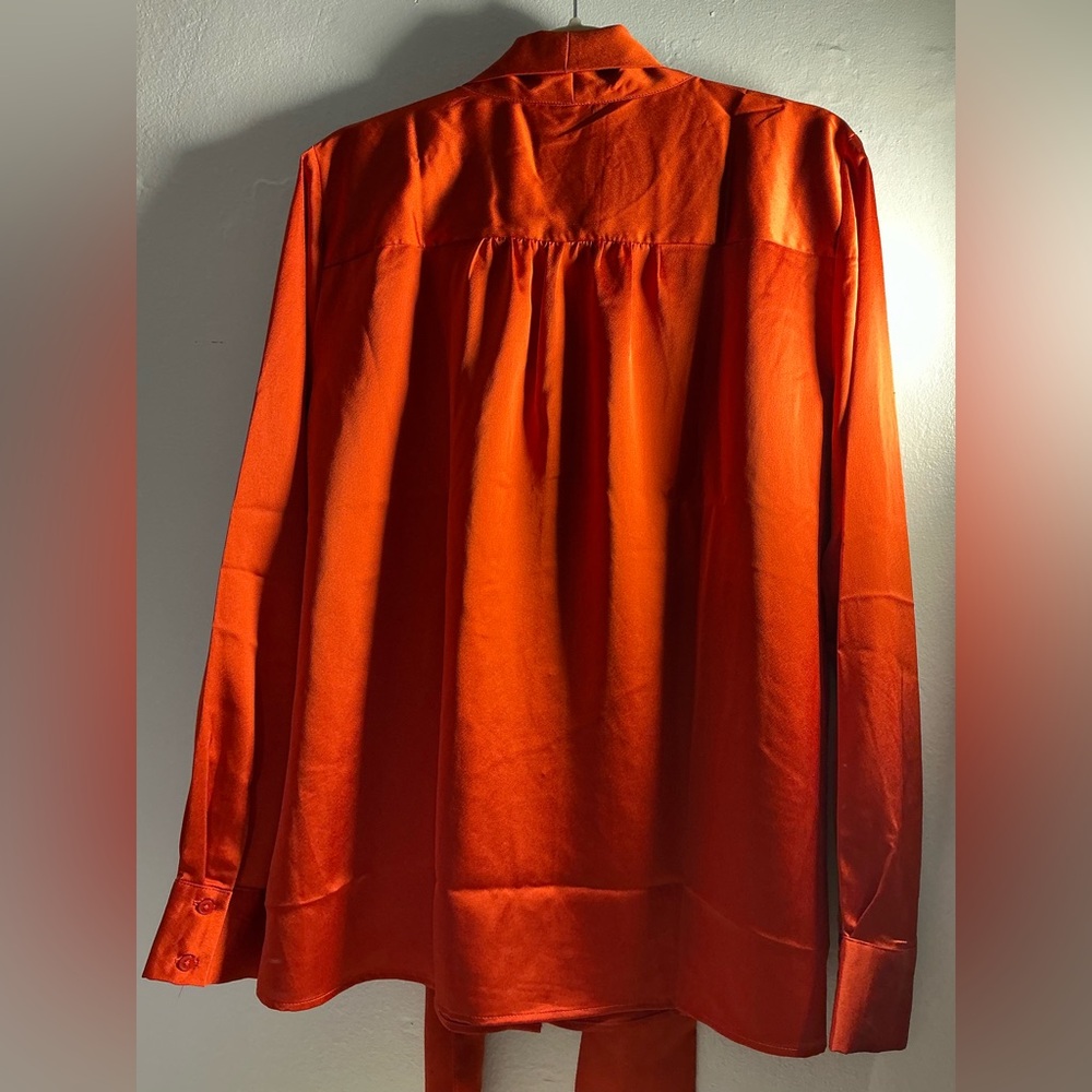 Ann Taylor Vibrant Orange Satin Blouse with Neck Tie - Picture 4 of 15